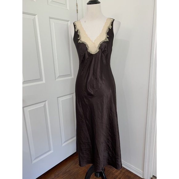 VTG Jones New York SM Brown Dressing Gown & Robe Long Maxi Satin Belted Lace - Picture 3 of 12
